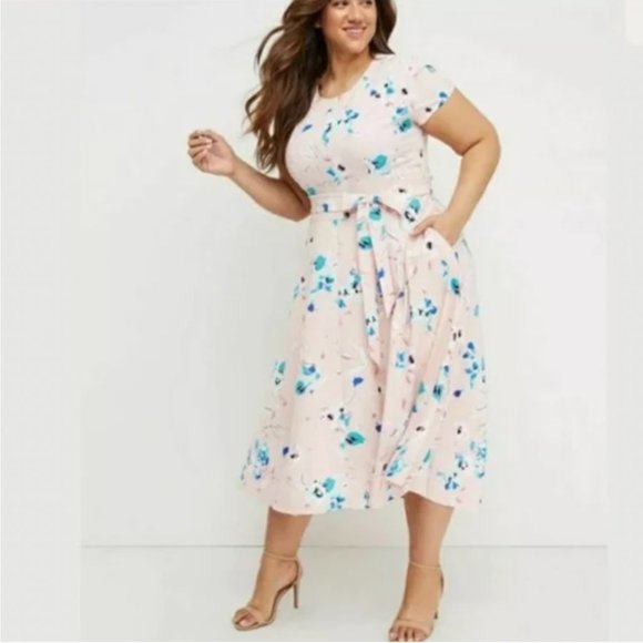 Lane Bryant Dresses & Skirts - Lane Bryant Lena Baby Pink Floral Belted Hi-Lo Midi Dress Size 16